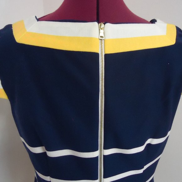 Studio I Size 6 Navy Blue Yellow and Cream Striped Mini Dress - Picture 6 of 8
